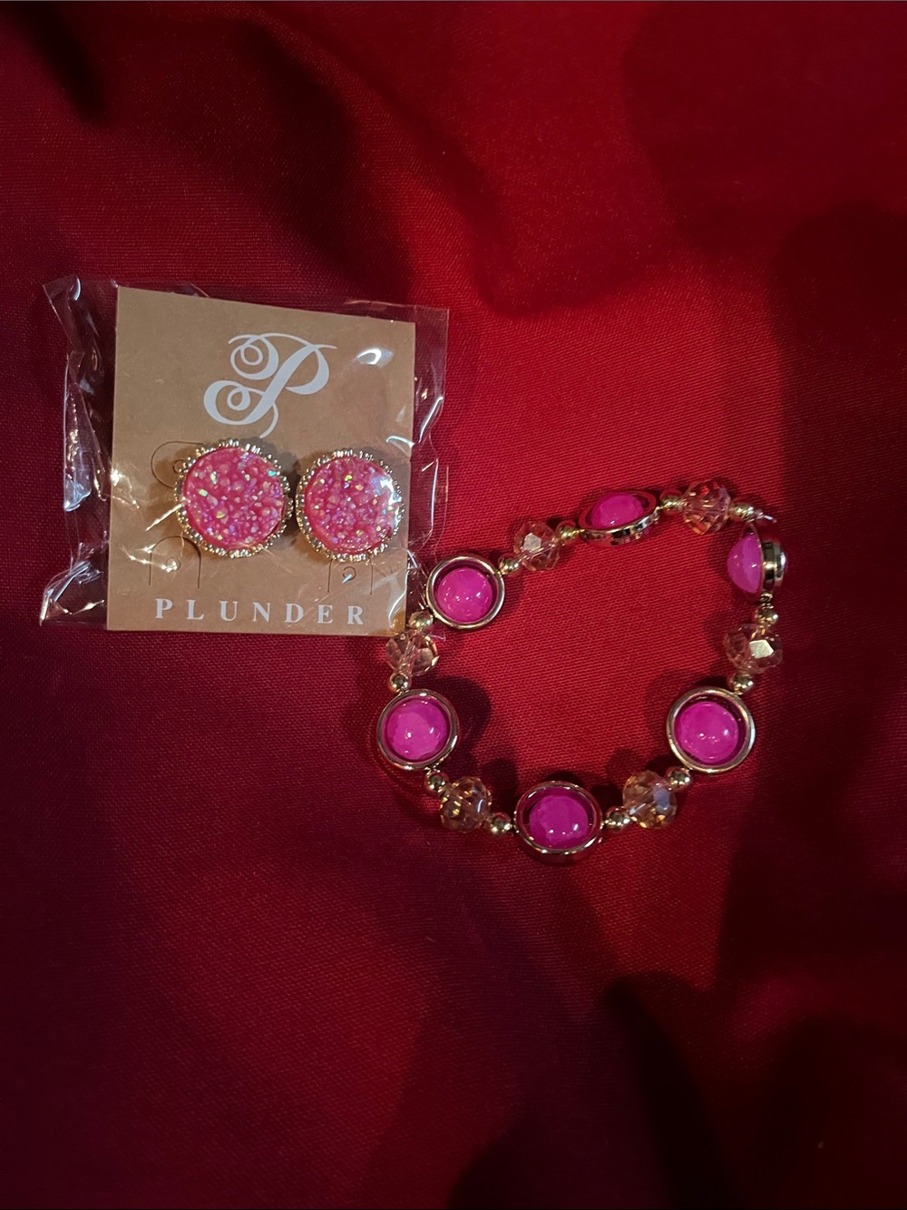 Plunder Pink Crystal Bracelet with Matching Stud Earrings